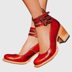 Botas femininas tornozelo salto bloco com fivelas decorativas