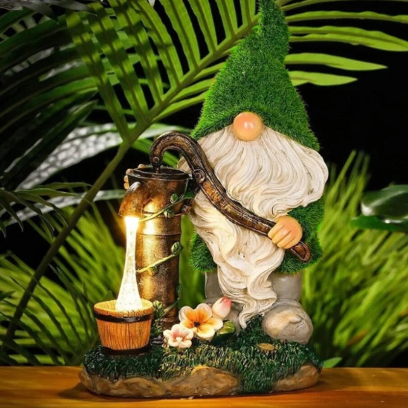 Gnomos Solares de Jardim em resina impermeável com luz LED branco quente e sensor de crepúsculo