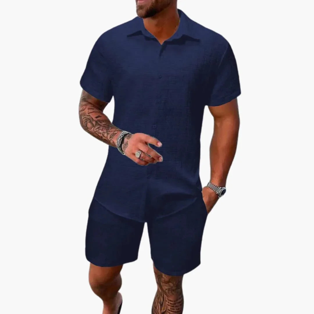 Conjunto masculino 2 peças camisa e calção jacquard mistura de algodão