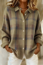 Cardigan feminino tricot xadrez com corte relaxado, estilo retro outono inverno