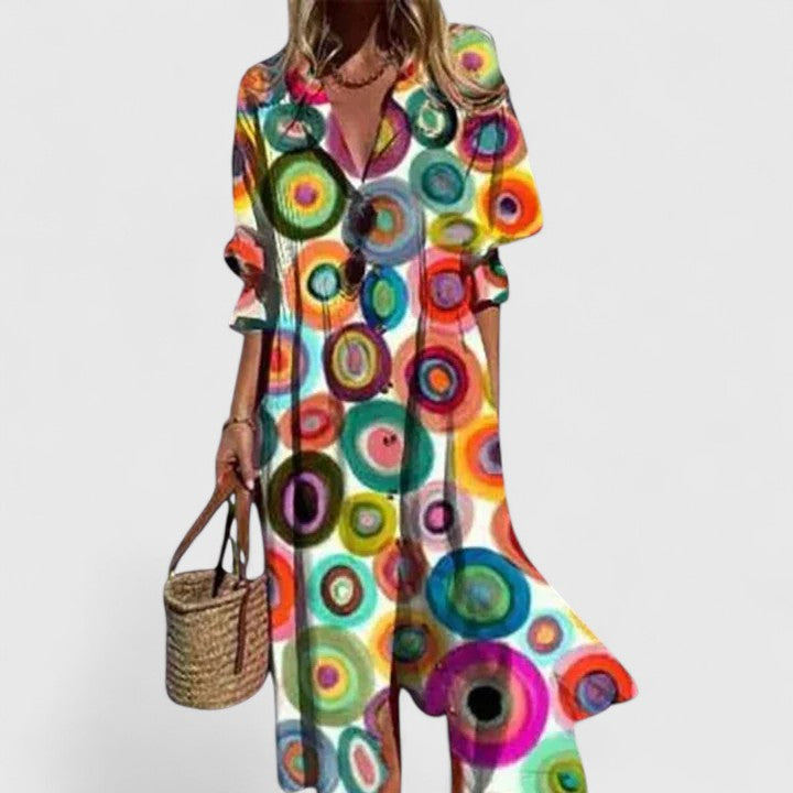 Vestido maxi feminino boho estampado com meia manga em cores vibrantes