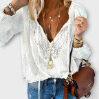 Blusa feminina bordada decote V mangas longas amplas com laços decorativos