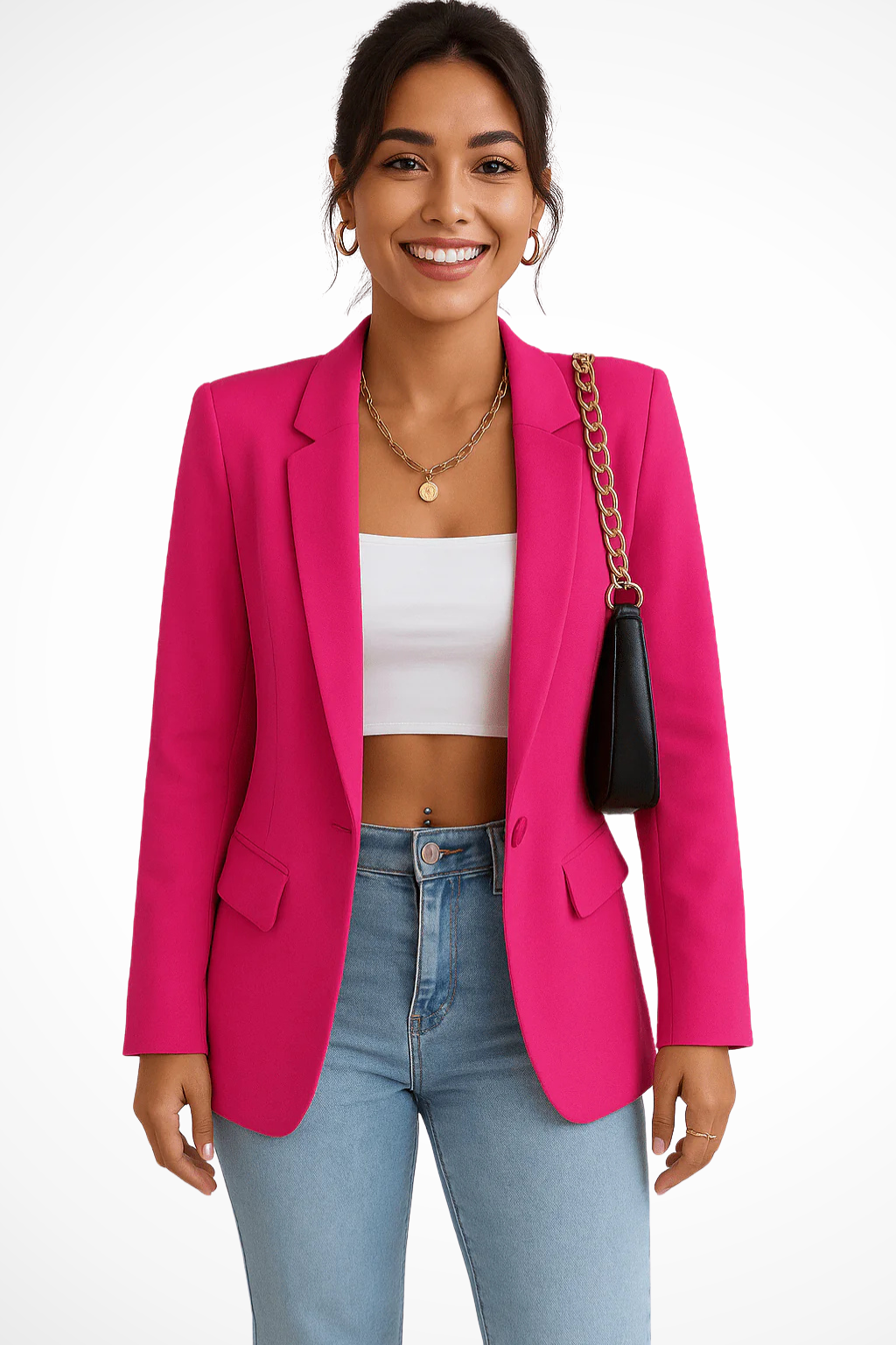 Blazer feminino estruturado com botão único e lapela, corte alfaiatado