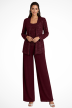 Conjunto feminino 3 peças renda lantejoulas casaco e calça perna larga