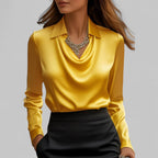 Blusa de cetim feminina com gola xale manga comprida