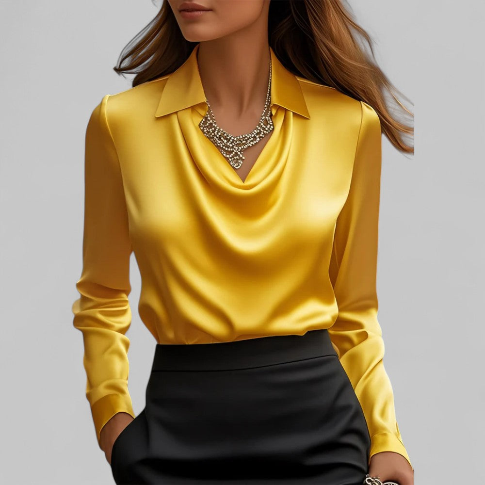 Blusa de cetim feminina com gola xale manga comprida