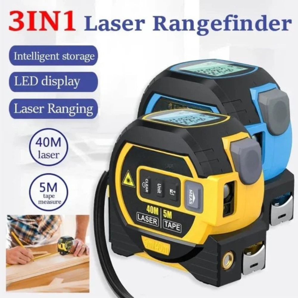 Fita métrica laser 3 em 1 infravermelha com visor LCD retroiluminado, amarelo e azul