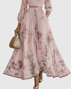 Vestido maxi floral manga longa decote V plissado com laço na cintura feminino