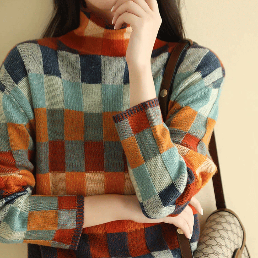 Camisola de gola alta cashmere patchwork mulher design multicolor
