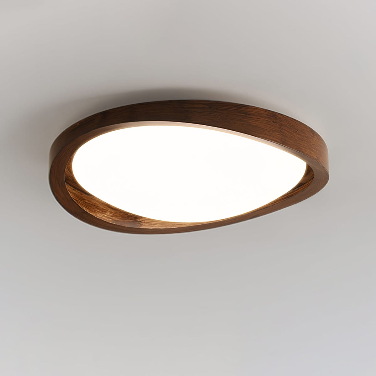 Candeeiro de teto flush efeito madeira nogueira com difusor em tecido e luz tri-cor