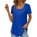 Blusa feminina manga curta com decote quadrado e detalhes franzidos