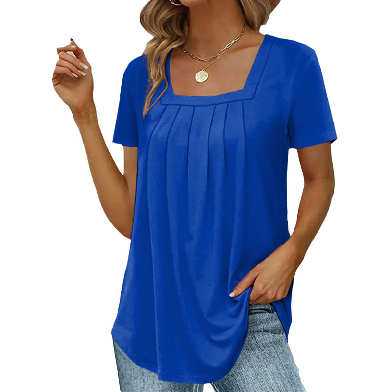 Blusa feminina manga curta com decote quadrado e detalhes franzidos
