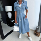Vestido jeans mulher corte lisonjeiro estilo casual contemporâneo