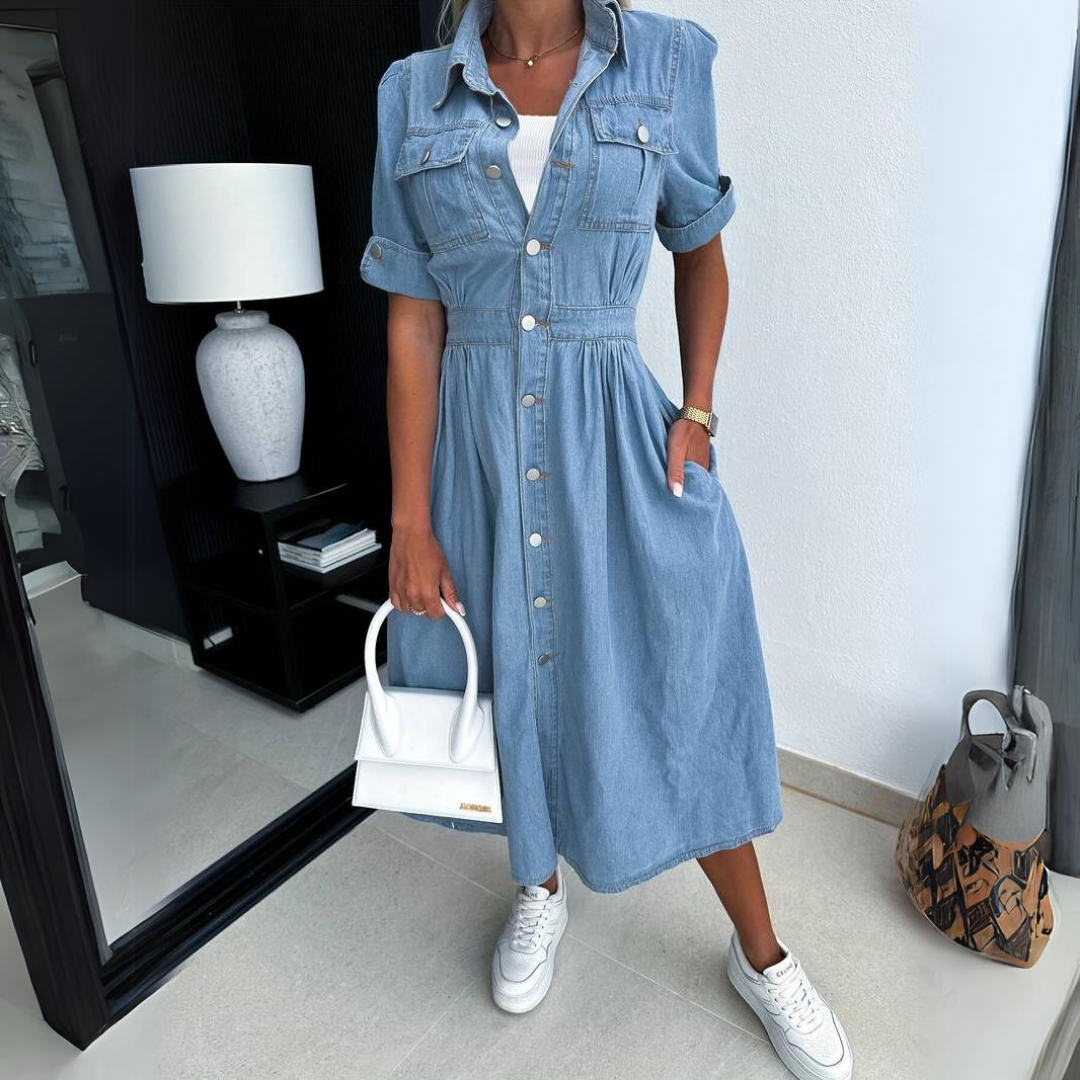 Vestido jeans mulher corte lisonjeiro estilo casual contemporâneo