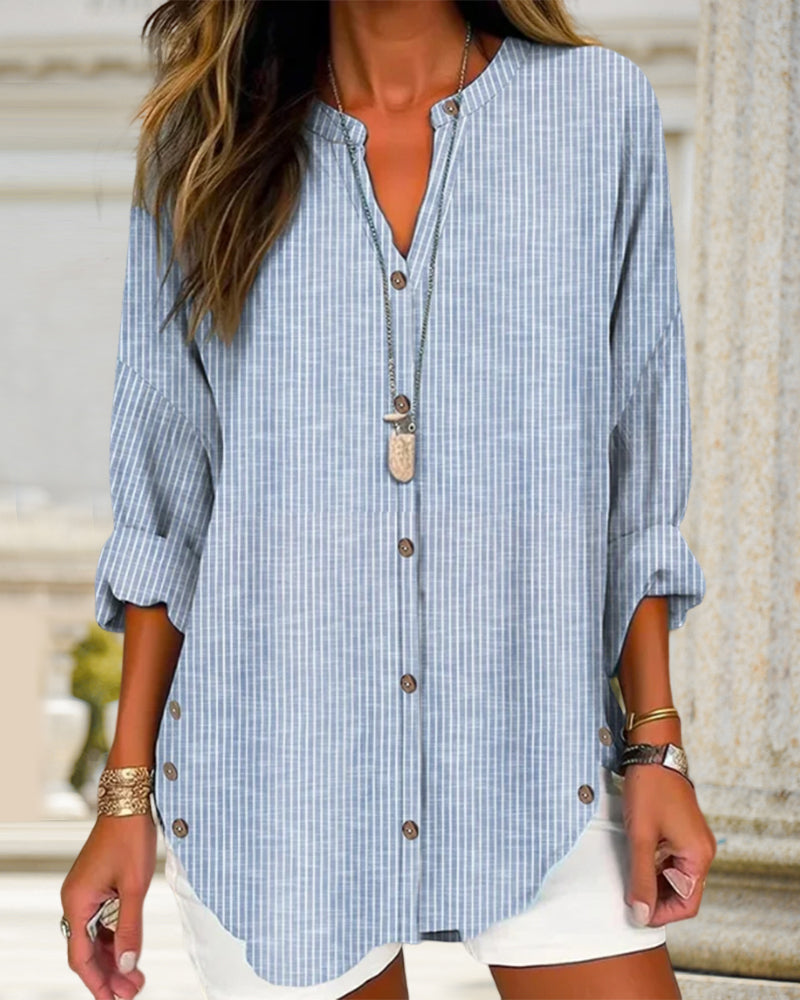 Blusa feminina manga longa listrada decote V com botões corte folgado