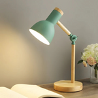 Candeeiro de mesa ajustável em madeira e metal com braço articulado e abajur giratório E27 LED