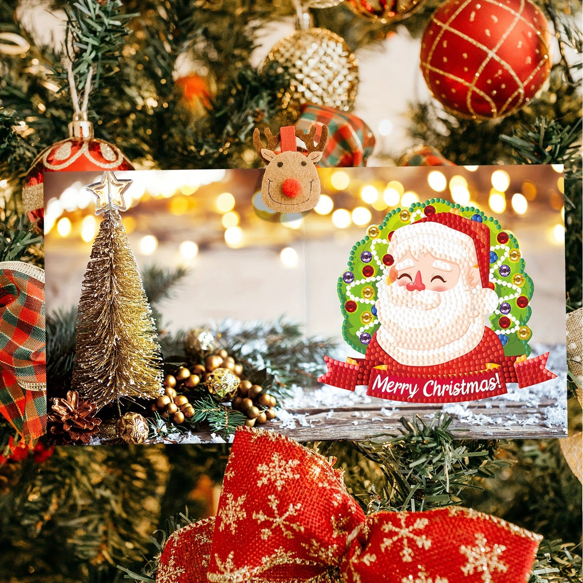 Kit 12 cartões de felicitações diamond painting Natal e Ano Novo com mosaico artesanal colorido