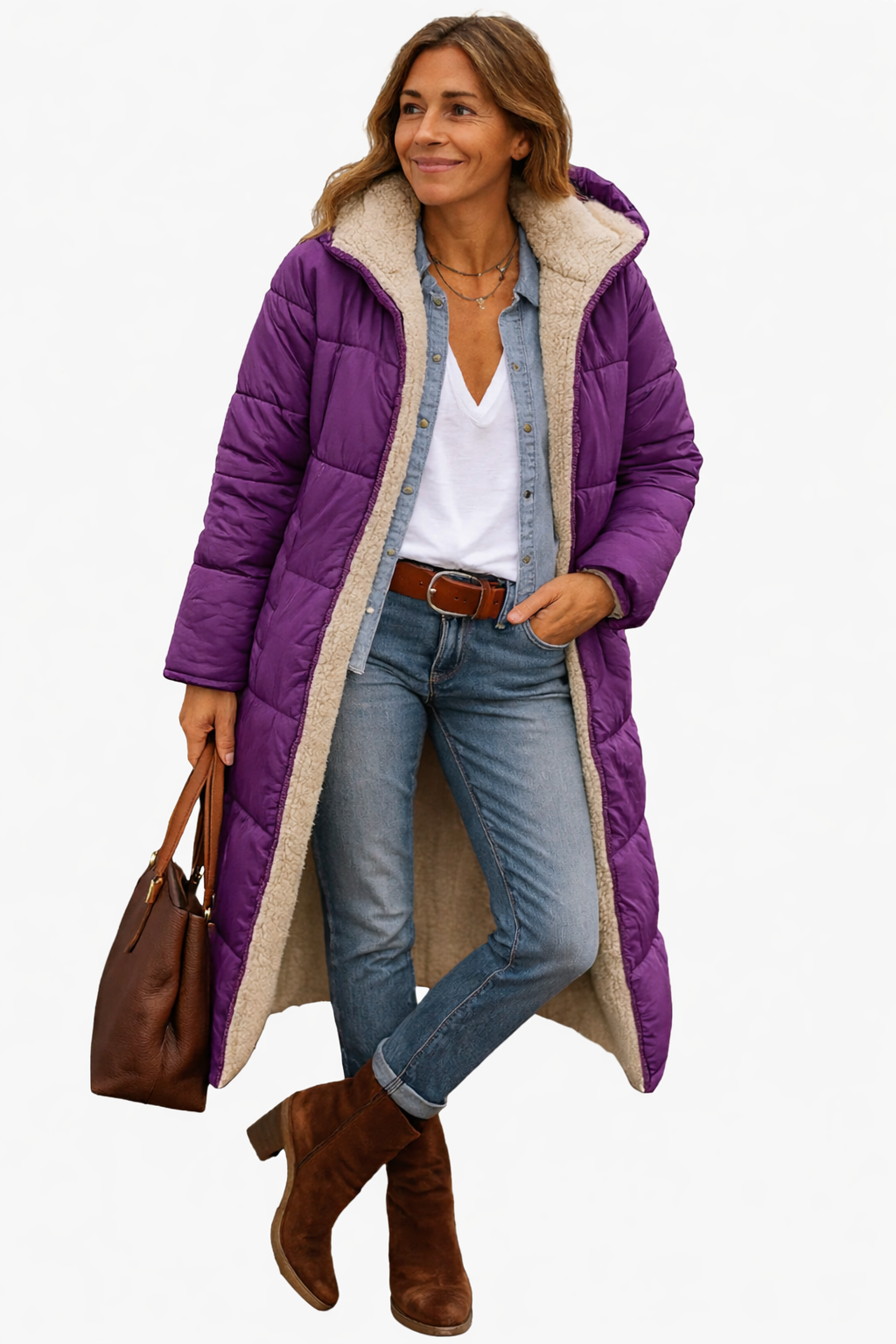 Casaco puffer longo feminino matelassê forrado polar com capuz integrado