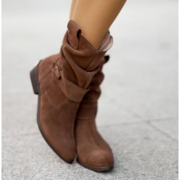Botins slouch femininos com punho dobrável e salto bloco baixo