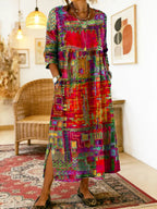 Vestido jeans feminino com patchwork étnico corte solto