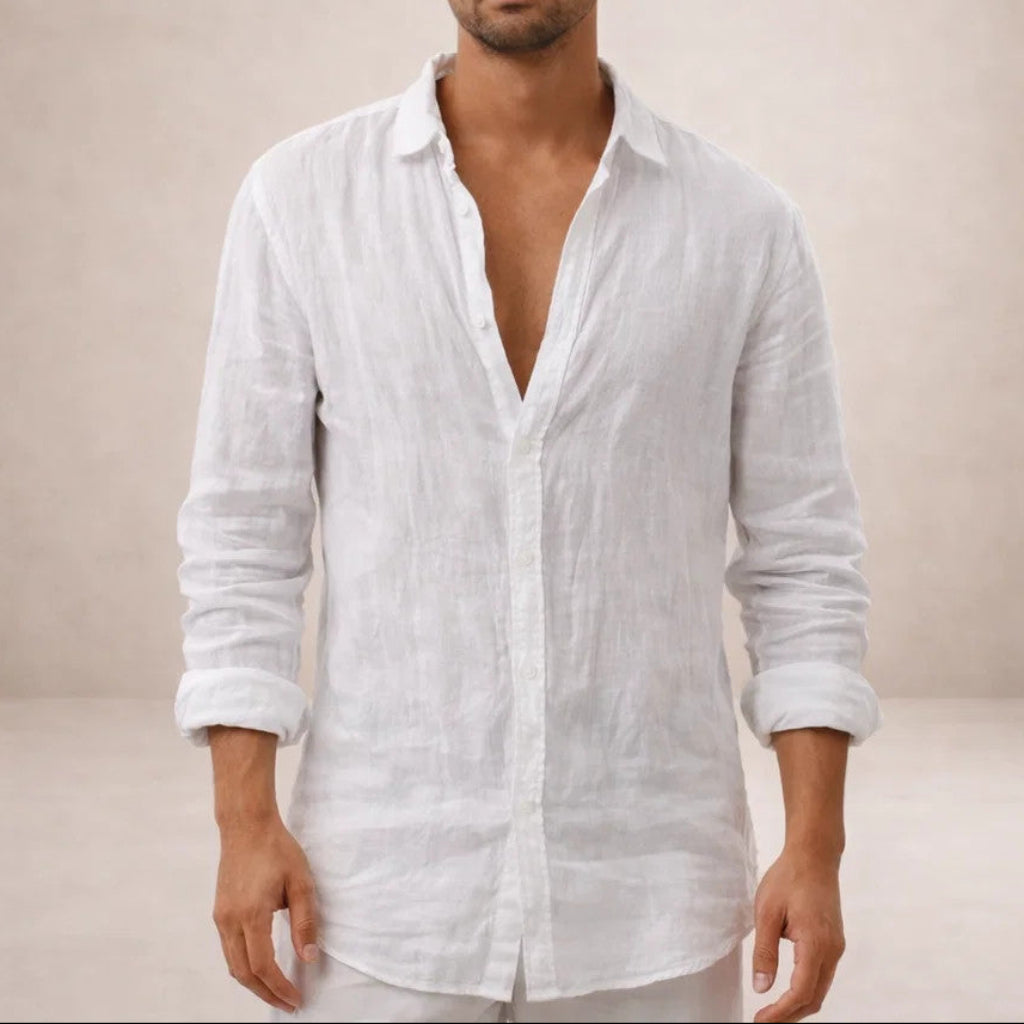 Camisa de linho homem casual manga longa corte direito