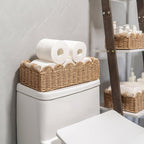 Cesto de arrumação boho em fibra natural trançada, retangular com bordo decorativo em leque