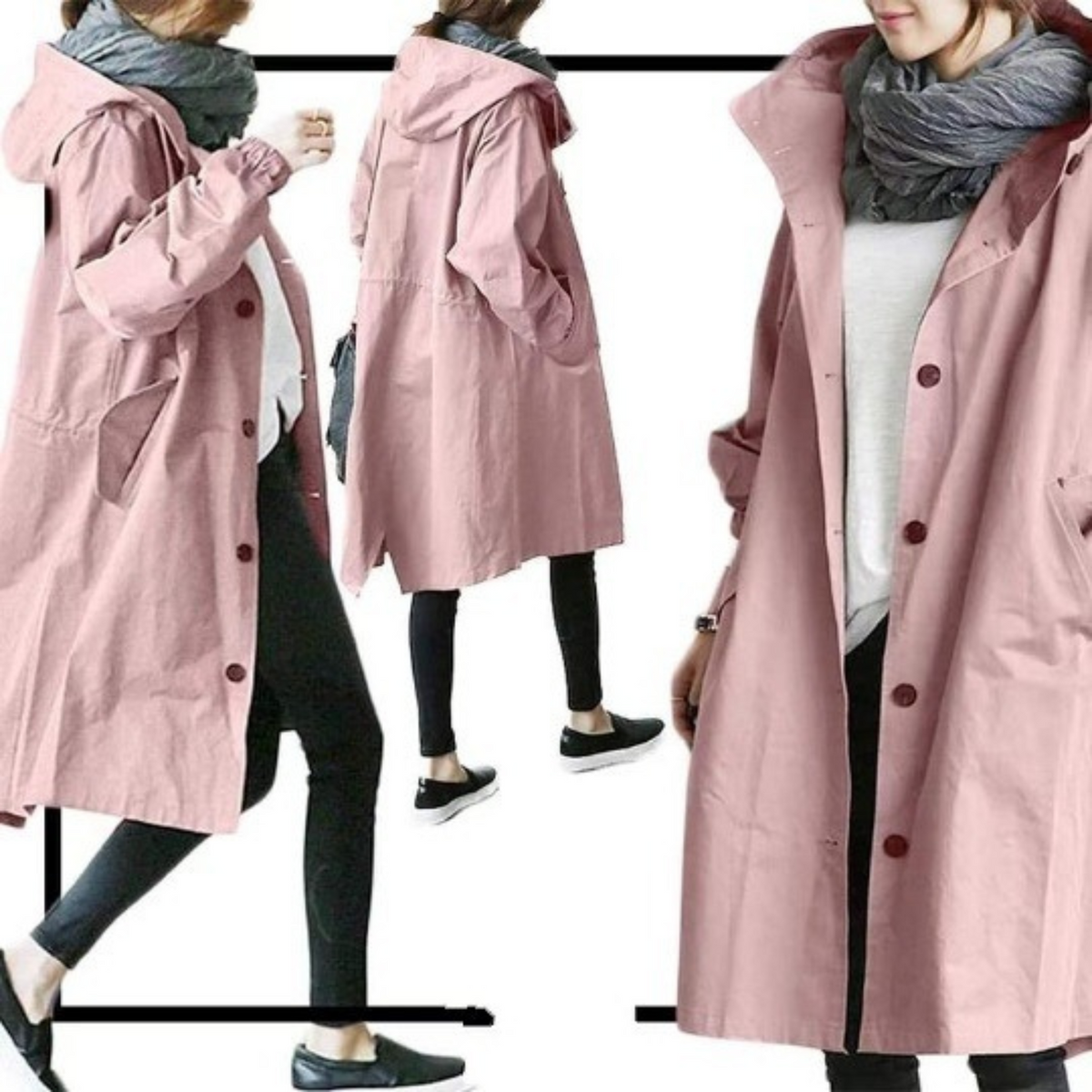 Casaco trench feminino longo com capuz ajustável em vários tons