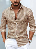 Camisa masculina listrada manga longa lavagem vintage efeito desgastado