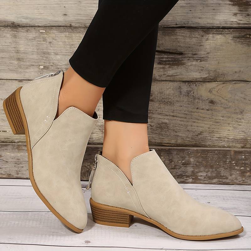 Bota feminina bico fino salto bloco baixo cano curto em várias cores