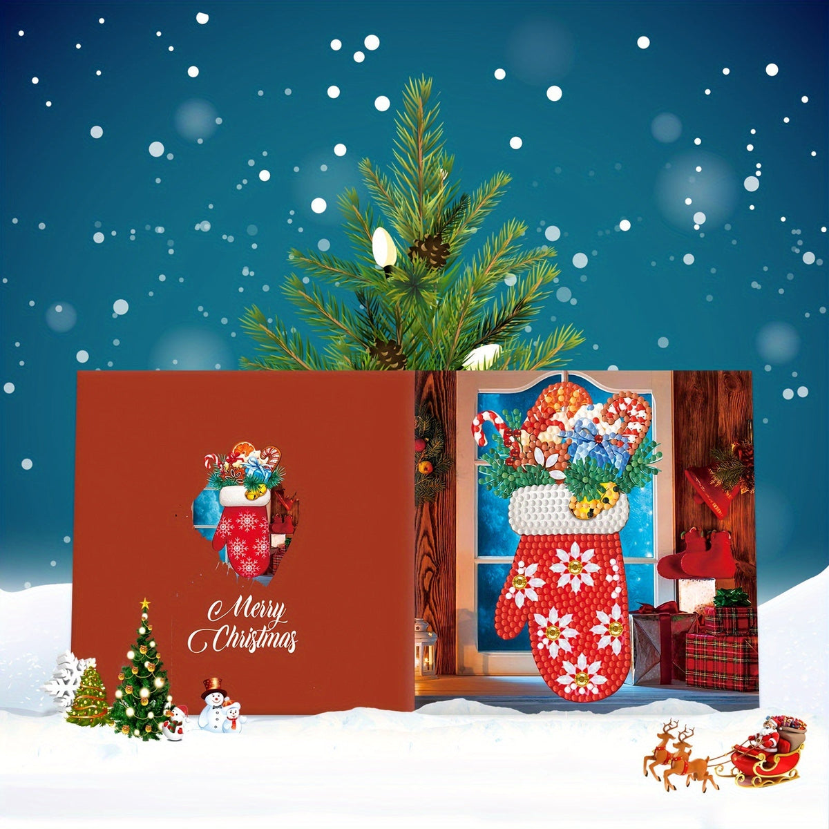 Kit 12 cartões de felicitações diamond painting Natal e Ano Novo com mosaico artesanal colorido