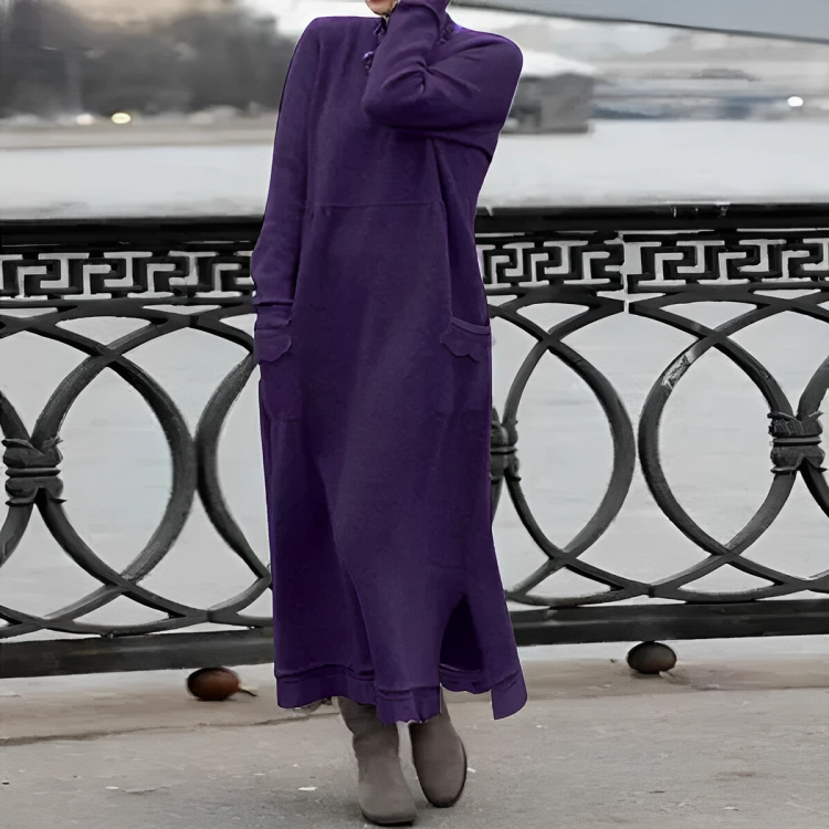 Vestido de inverno feminino malha midi com fenda lateral e bolsos