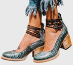 Botas femininas tornozelo salto bloco com fivelas decorativas