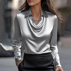 Blusa cetim feminina manga longa com decote cascata fluido