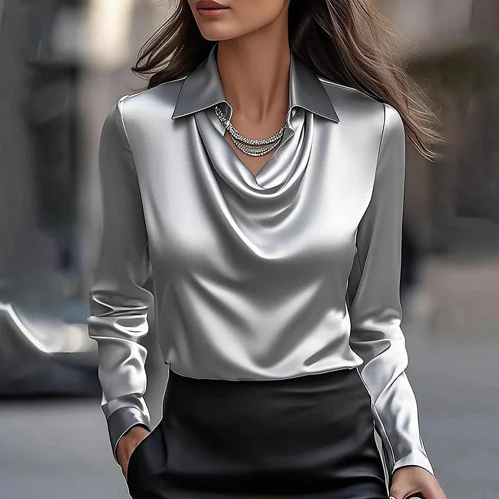 Blusa cetim feminina manga longa com decote cascata fluido