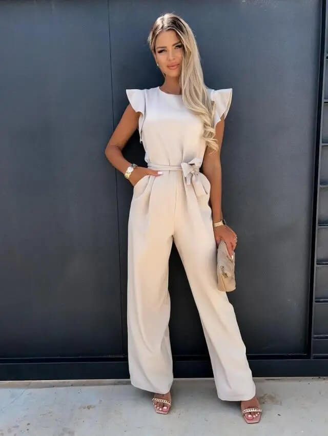 Jumpsuit mulher perna larga mangas borboleta com cinto incluído