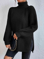Camisola feminina gola alta canelada com fenda lateral outono inverno