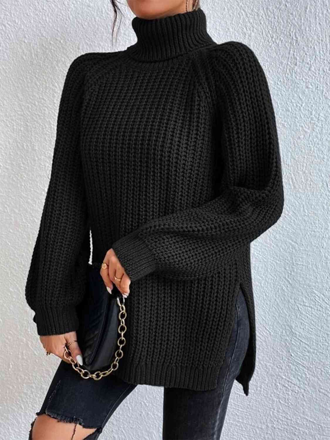 Camisola feminina gola alta canelada com fenda lateral outono inverno