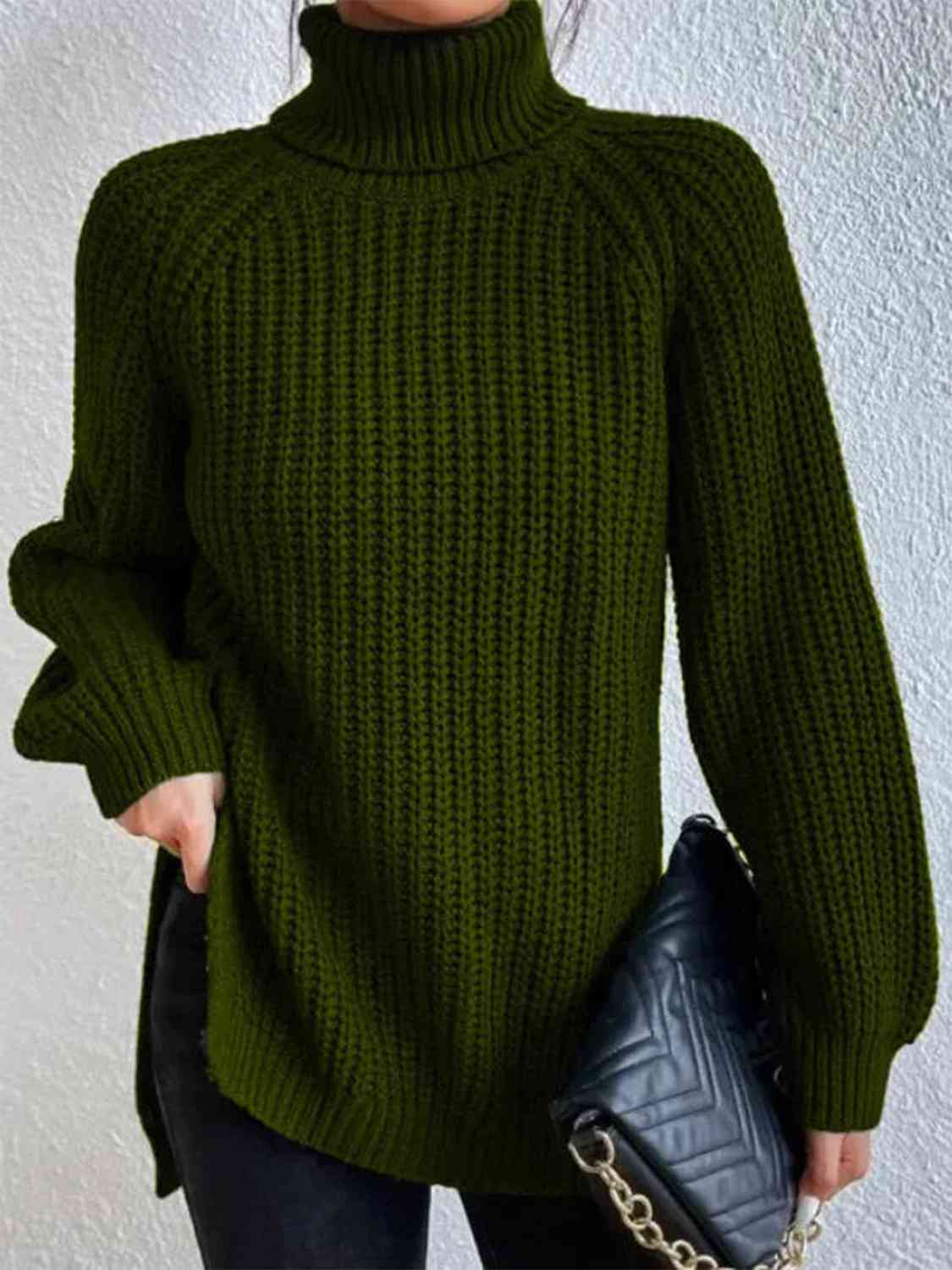 Camisola feminina gola alta canelada com fenda lateral outono inverno