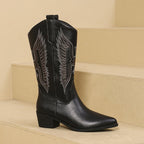 Botas cowboy femininas cano alto bordadas estilo western com salto bloco