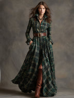 Vestido maxi xadrez étnico retrô com lapela e cinto, manga longa