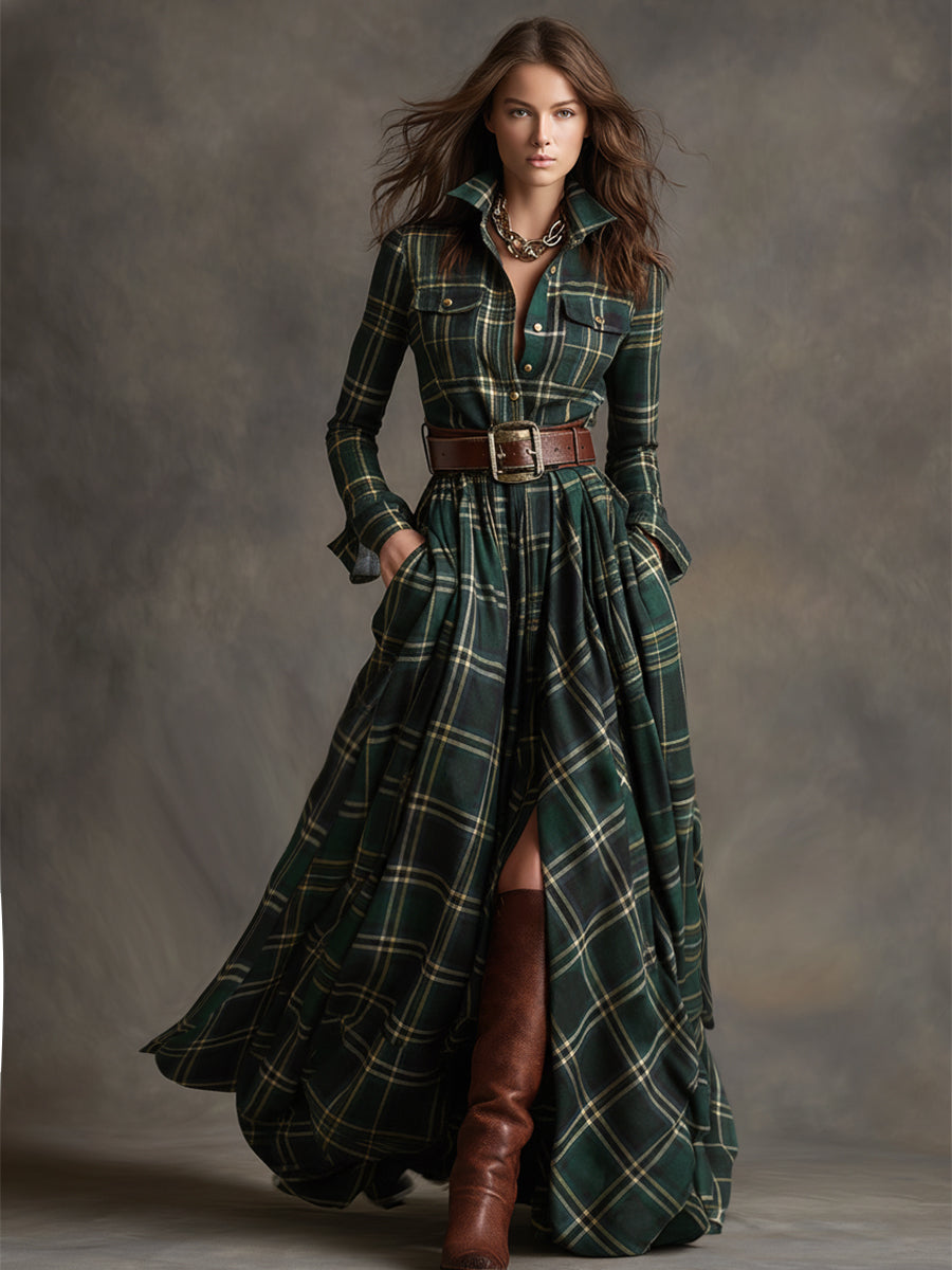 Vestido maxi xadrez étnico retrô com lapela e cinto, manga longa
