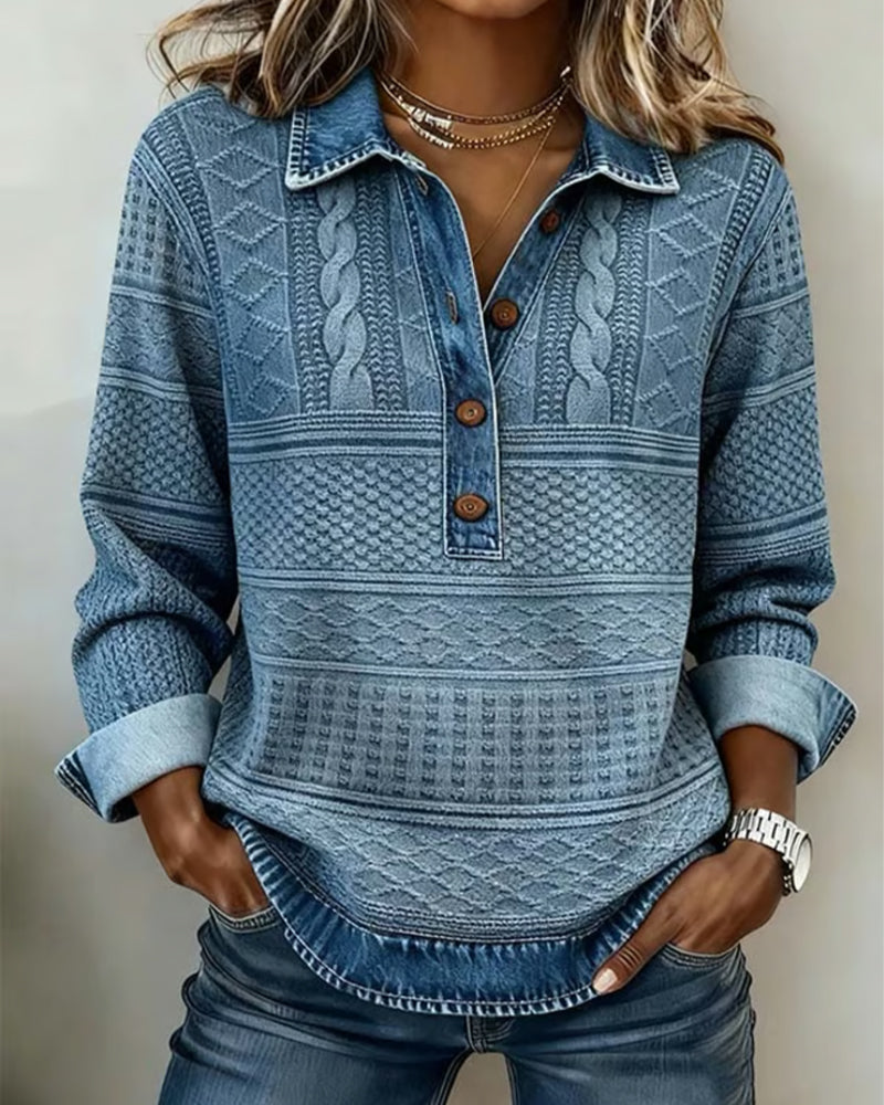 Sweatshirt mulher gola denim meia abertura textura trançada em relevo