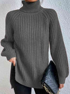 Camisola feminina gola alta canelada com fenda lateral outono inverno
