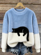 Camisola de malha color block com motivo de gato, corte relaxado verde e branco
