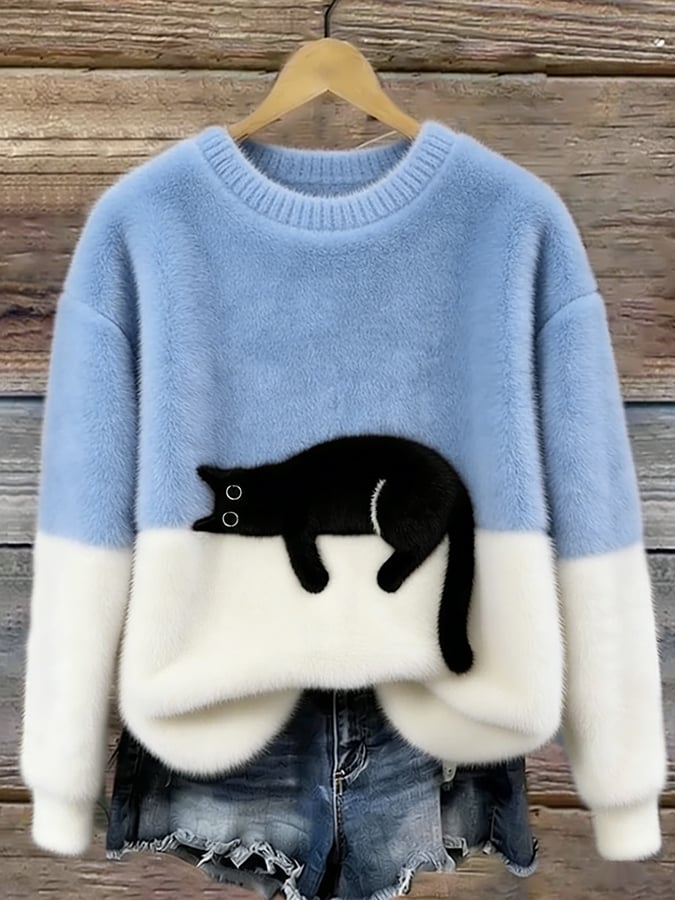 Camisola de malha color block com motivo de gato, corte relaxado verde e branco