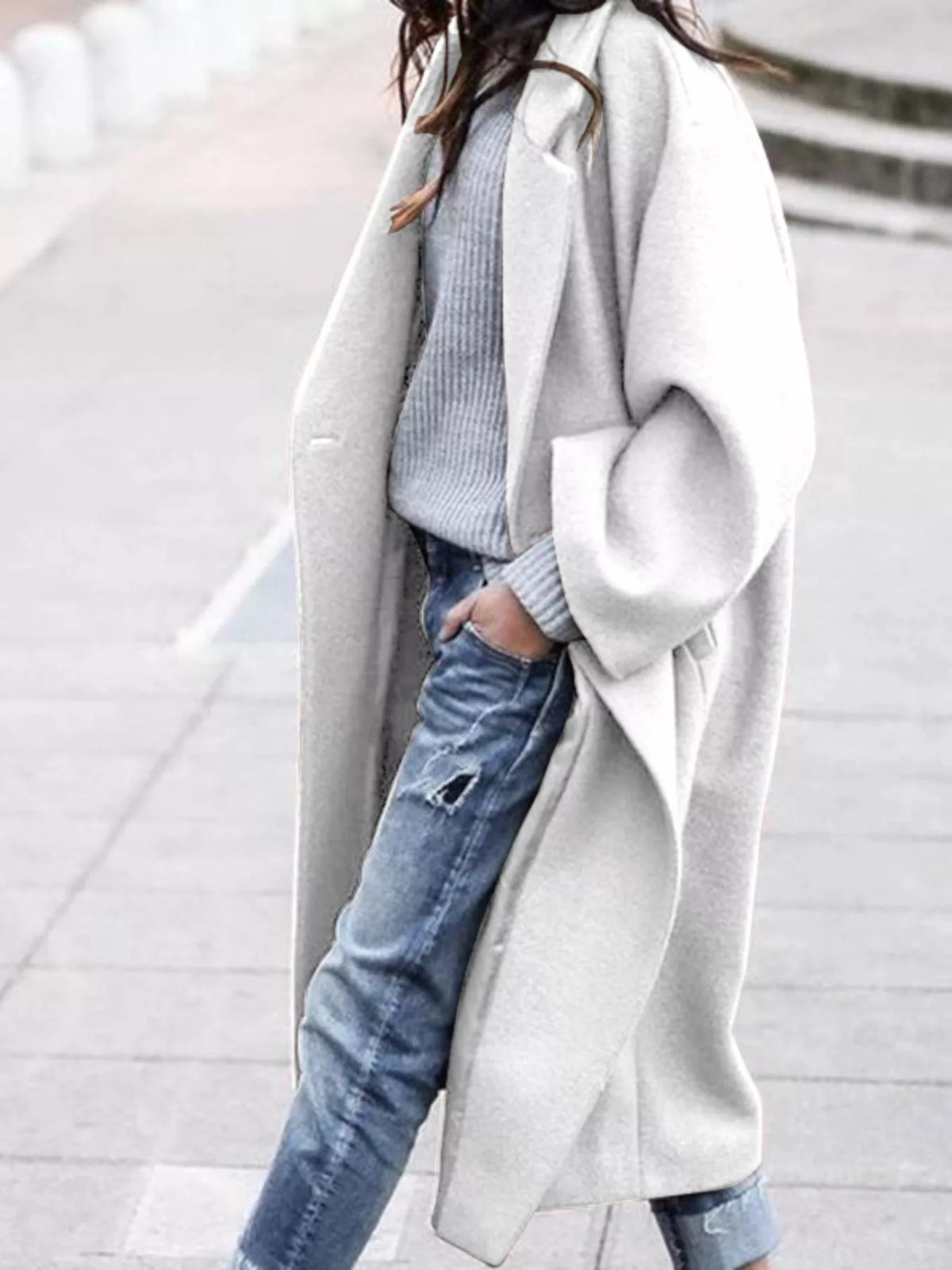 Casaco longo feminino oversized de inverno com fecho de botão único