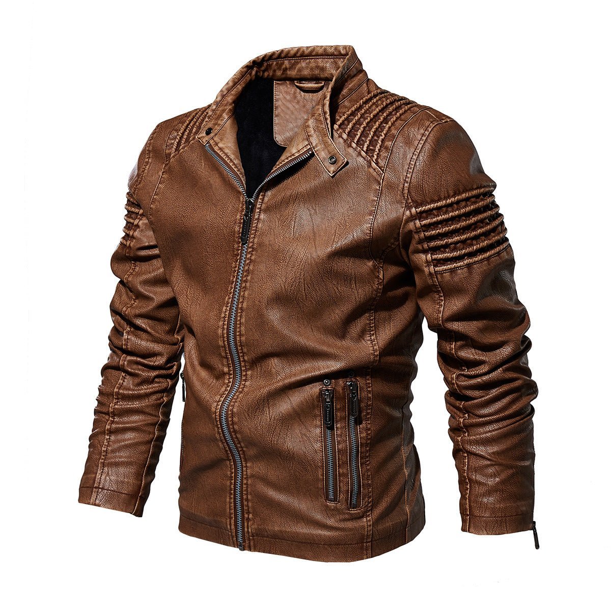 Biker jacket homem couro sintético com ombros estruturados e forro fleece