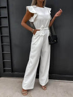 Jumpsuit mulher perna larga mangas borboleta com cinto incluído