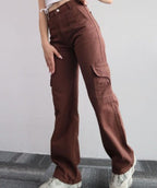 Calças cargo jeans femininas com multibolsos corte casual