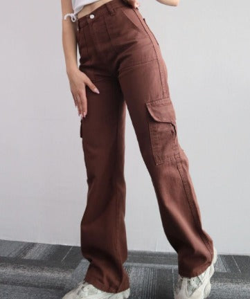 Calças cargo jeans femininas com multibolsos corte casual